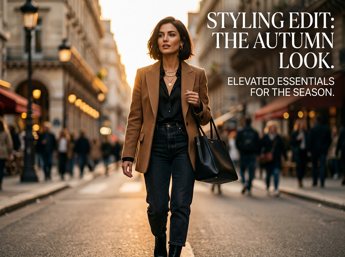Woman wearing camel blazer, black shirt, black jeans, and carrying black handbag walking on city street